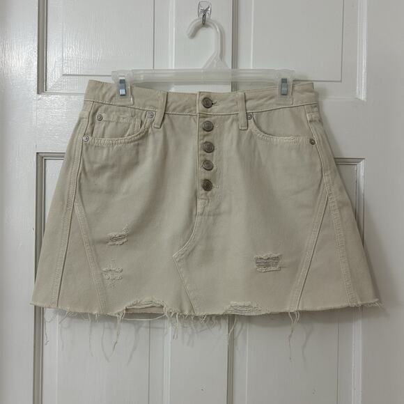 Free People Dresses & Skirts - Free People Mini Skirt Sz 28 Ivory Denim Distressed Button Fly‎ We The Free